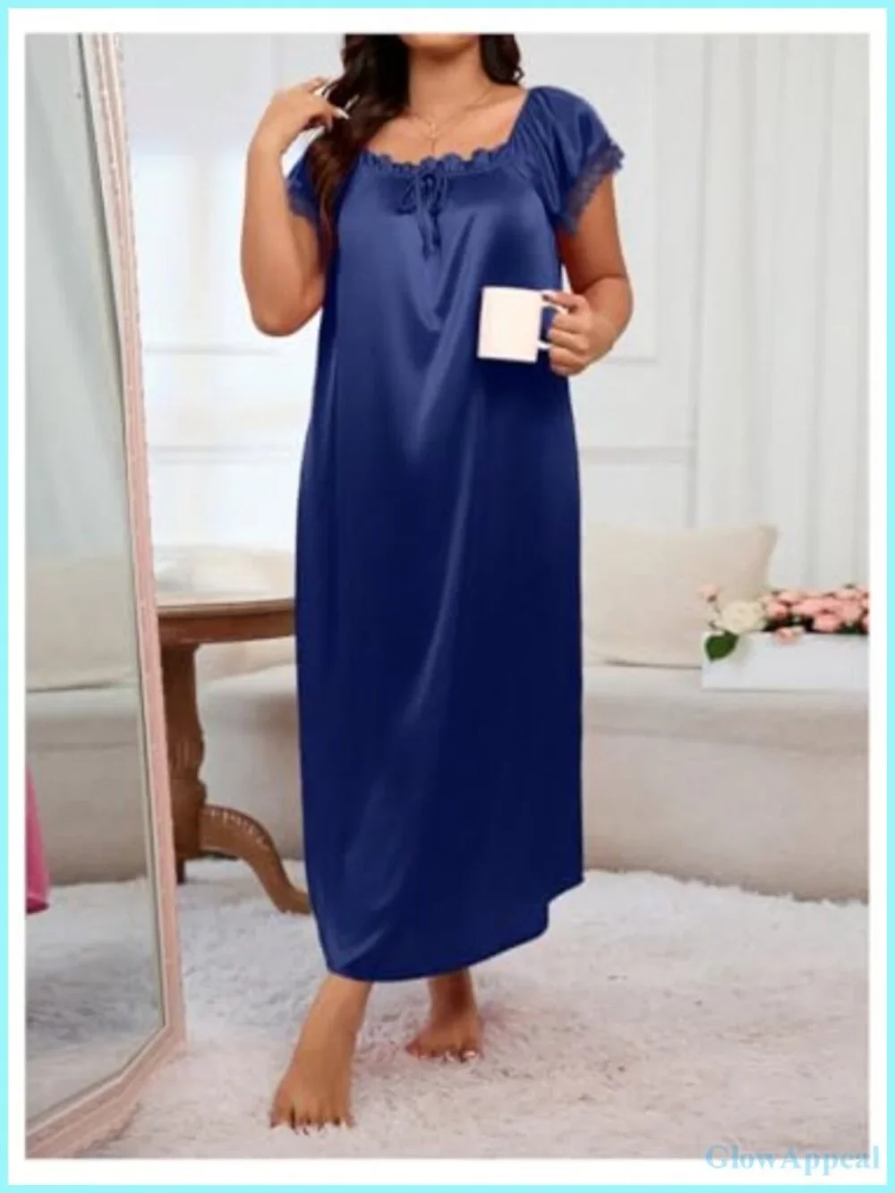 Plus Size Satin Nightgown Lace Trim Short Sleeve Sleepwear